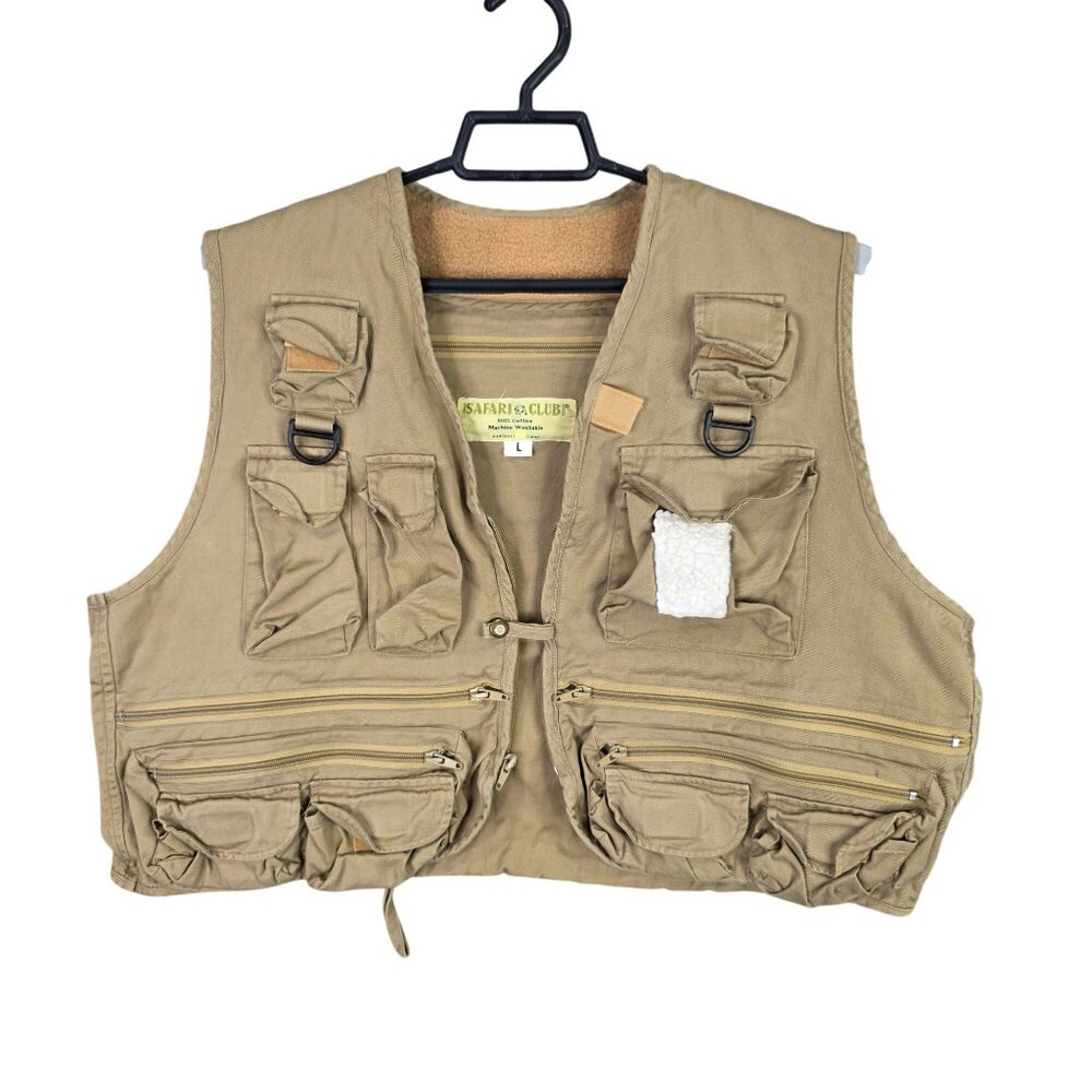Mens Vintage Safari Club Beige Multi-Pocket Utility Vest 100% Cotton Size L